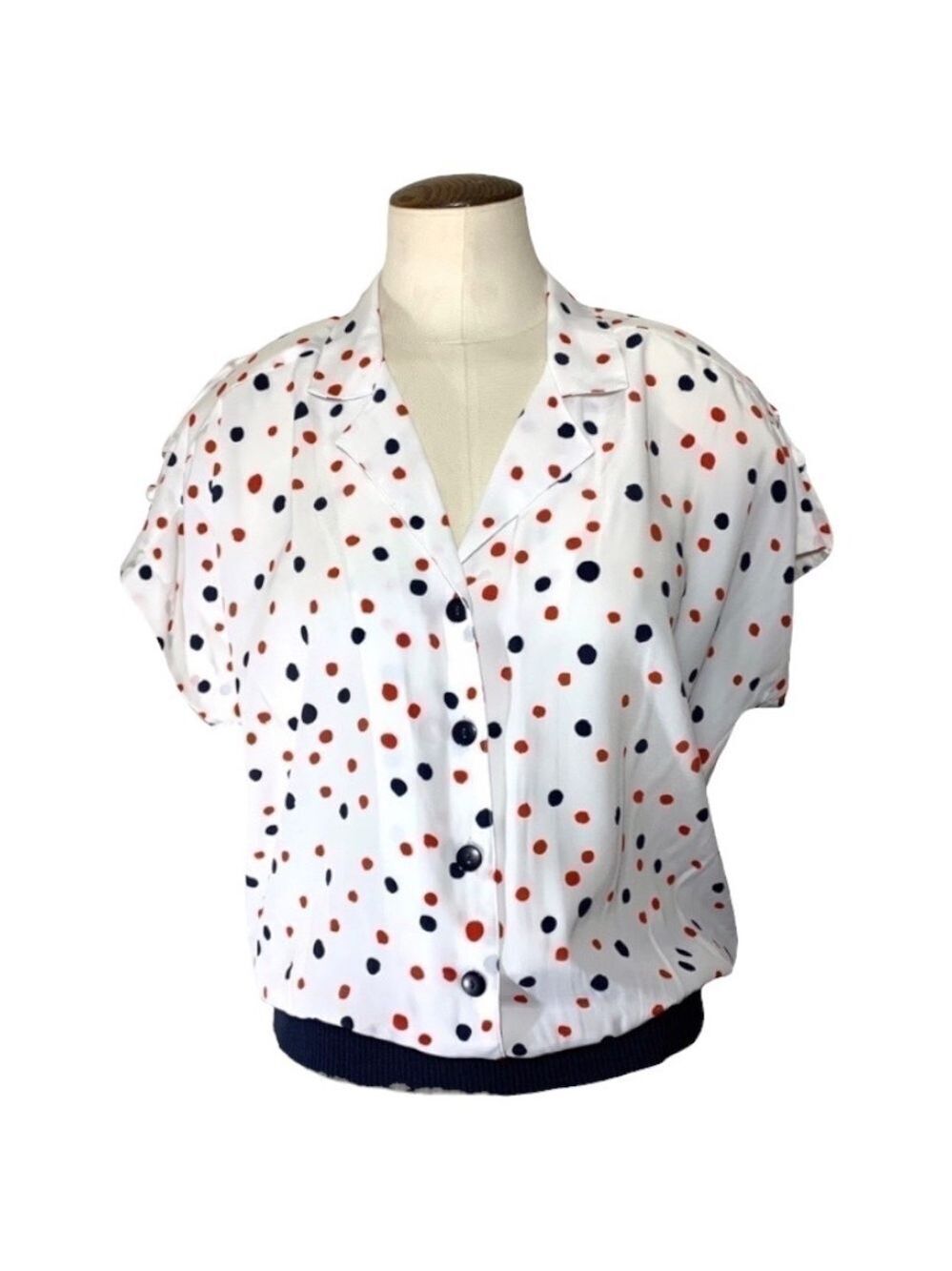 Vintage 80s White Blouse Sz 12 Button up Colorful Polka Dots Short Sleeve Retro